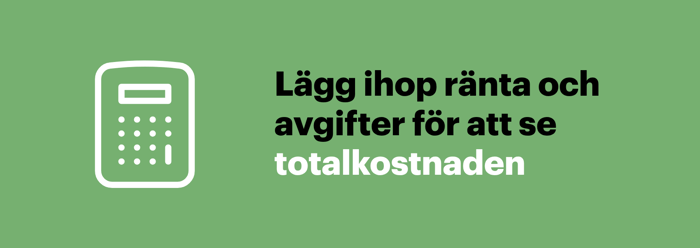 Illustration som uppmanar till att räkna ihop ränta och avgifter för att se vad ett helglån kostar totalt.